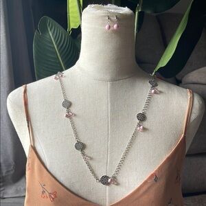Silver and Pink Floral Necklace and Earring Set